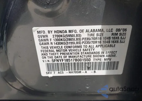 2007 Honda Pilot Ex-L z USA, uszkodzony, nr VIN 5FNYF18517B001550